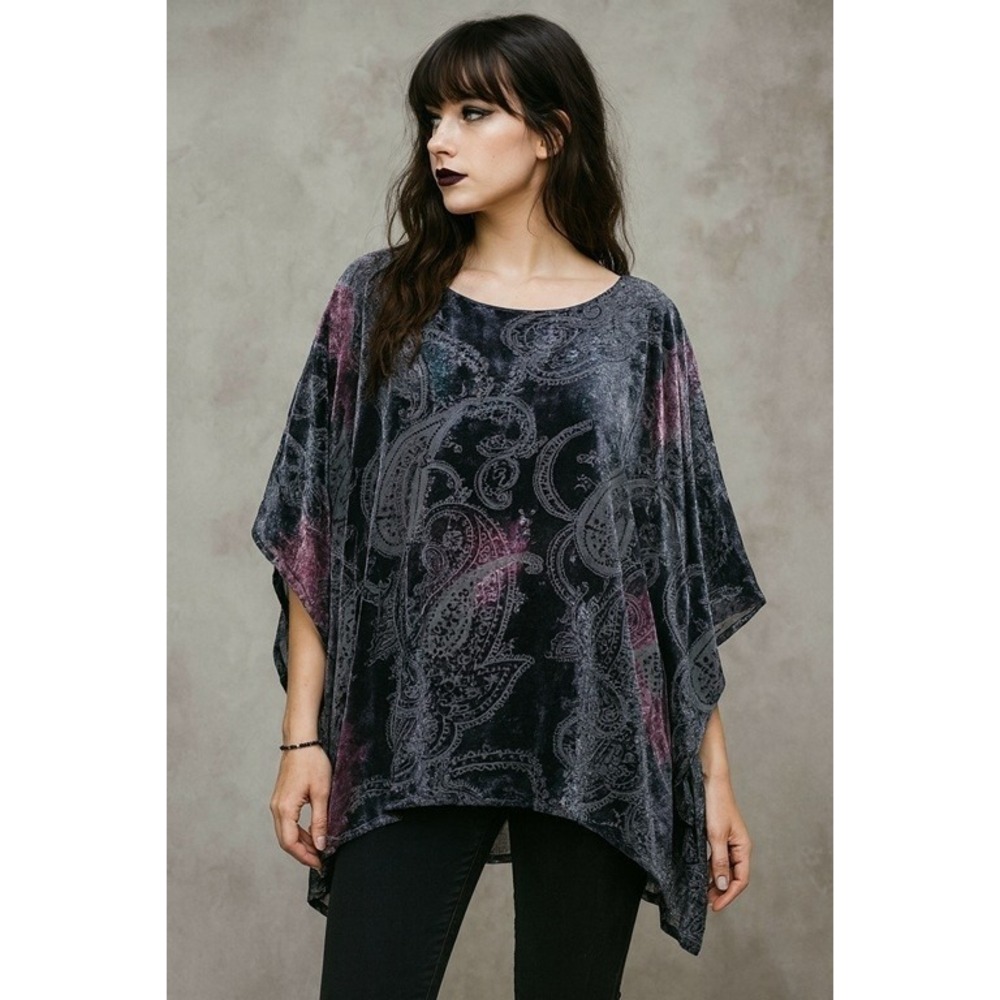 Chicos Poncho Top Womens S/M Navy Purple Paisley Velvet Burnout Boho Whimsigoth